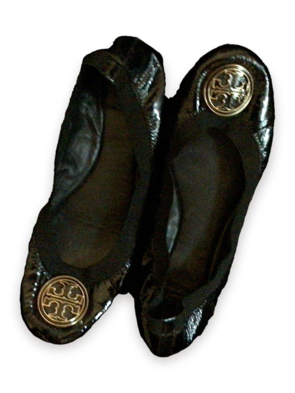Tory Burch Reva Ballet Flats Black Patent Gold Logo Size 9
